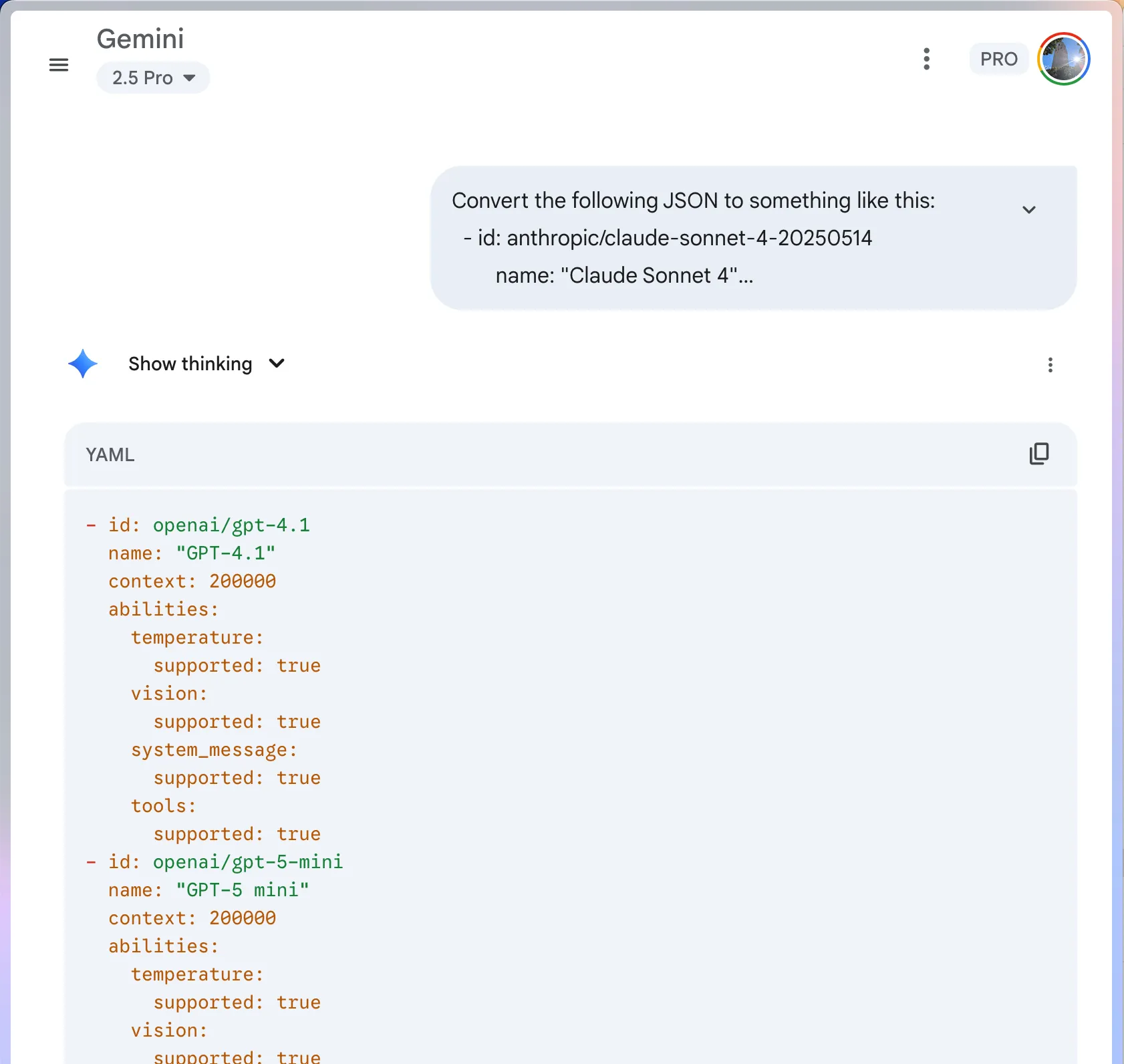 Using Gemini for the JSON -> YAML conversion
