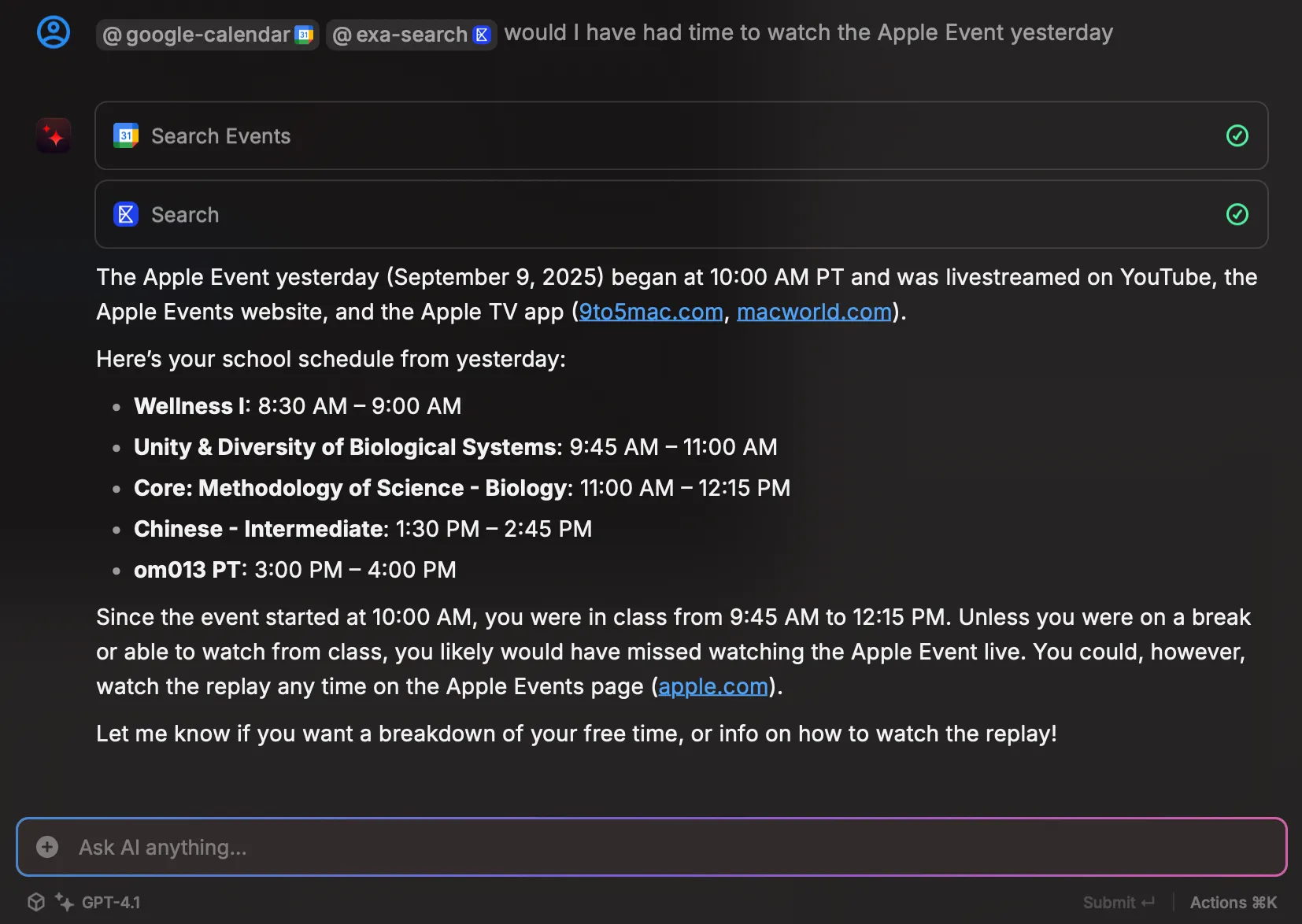 Using Google Calendar + Exa Search for complex queries