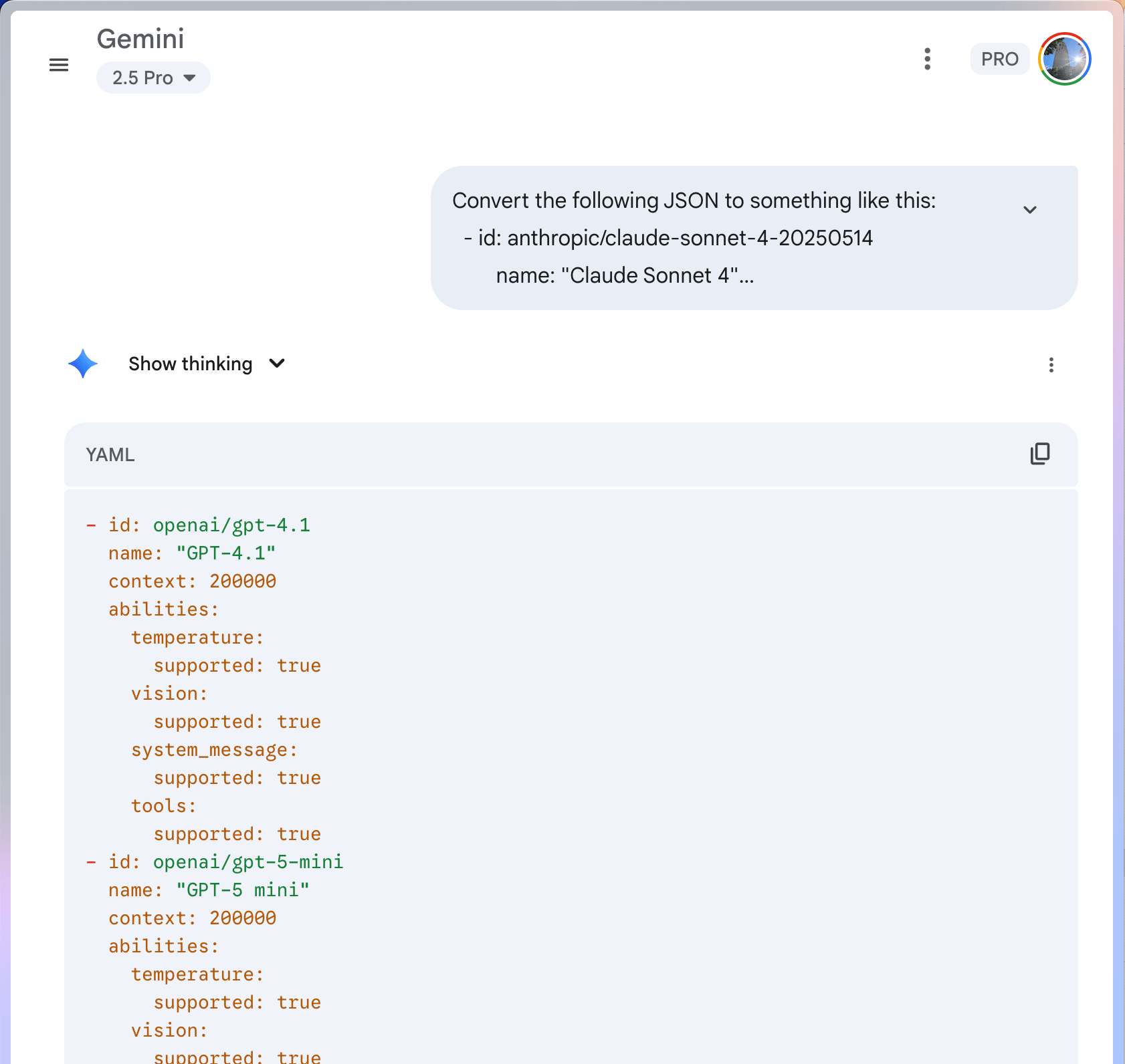 Using Gemini for the JSON -> YAML conversion