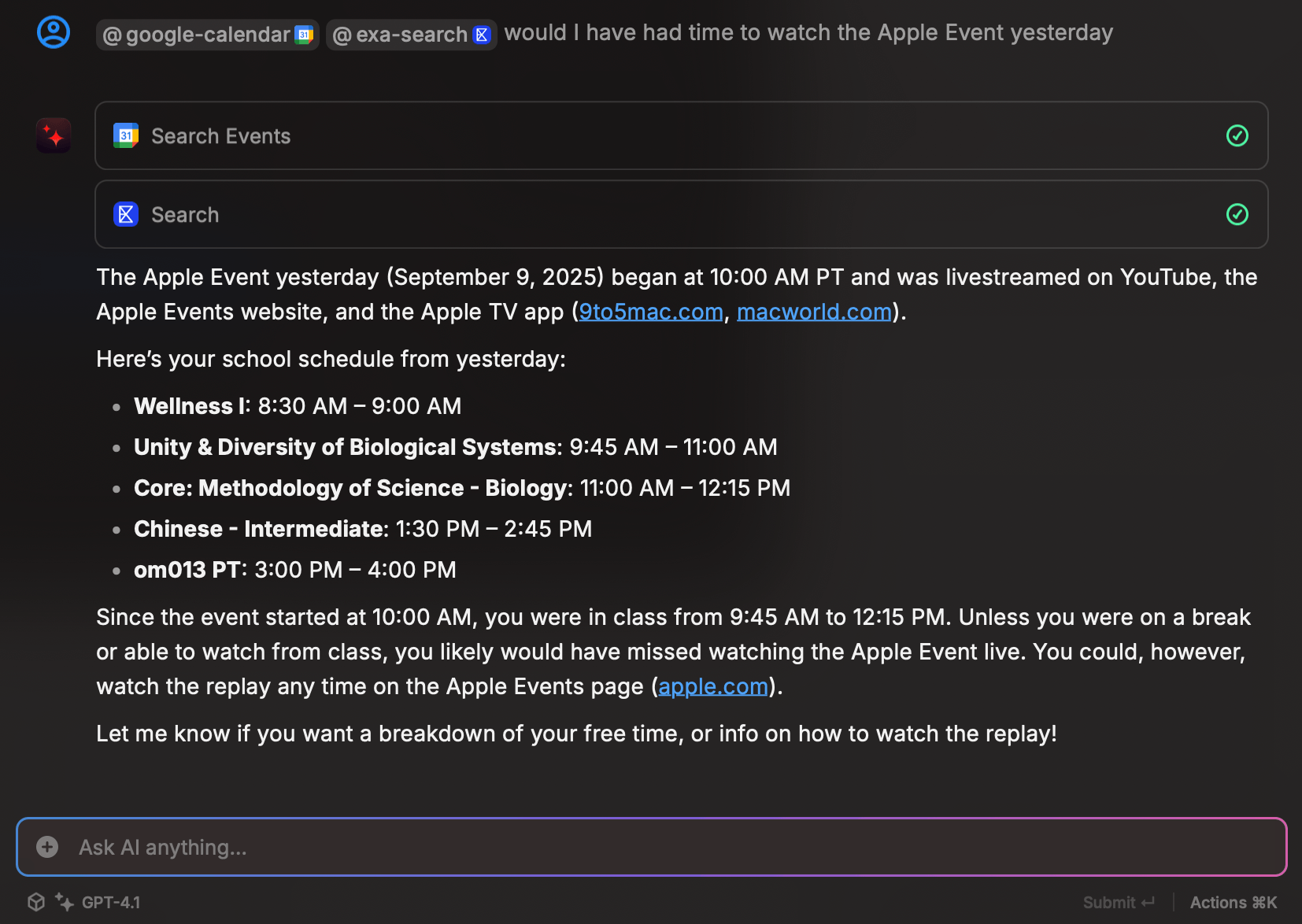 Using Google Calendar + Exa Search for complex queries